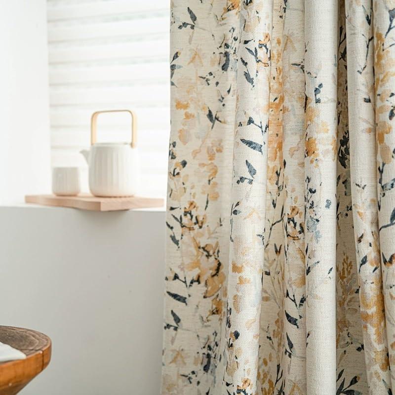 ILUOGUDU Natural Linen Curtains 108 inch Length 1 Panel Set for Living Room, Pinch Pleat Linen 60% Blackout Drapes Floral Farmhouse Window Curtains for Bedroom,84 Inch Wide Each Panel, blue/ Yellow/Beige