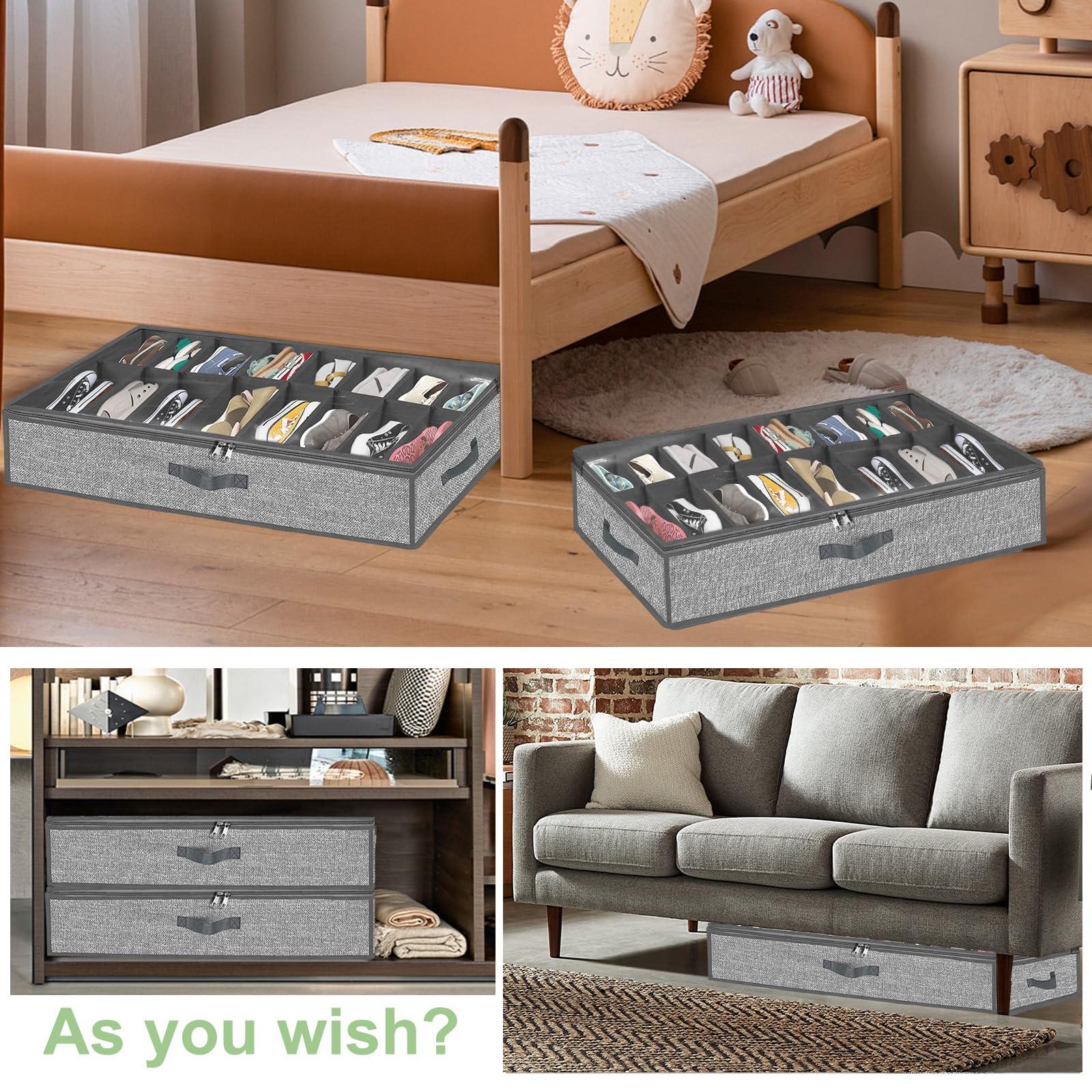 homyfort 32 Pairs Shoe Organizer Under Bed, Underbed Shoe Storage Boxes Bins, Organizador De Zapatos, Extra Large Zapateras Organizer, Grey, Set of 2
