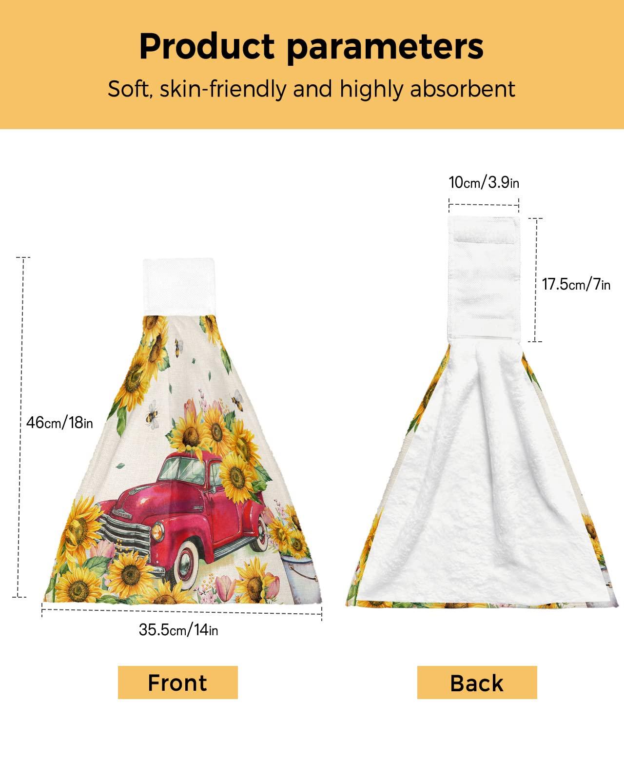 Jolunifun Spring Red Truck Bee Floral Kitchen Hand Towels with Hanging Loops,Super Soft Fingertip Dry Microfiber Tie Dish Towel Absorbent Cleaning Washcloth for Bathroom,Kitchen Summer Sunflower Sunshine Flower