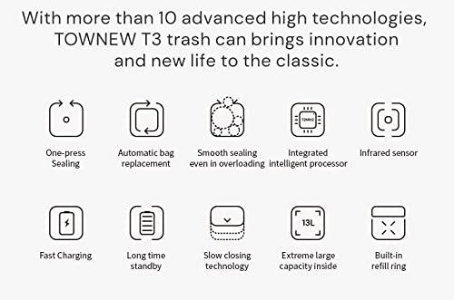 TOWNEW TOWNEW T3 Slim Automatic Infrared Motion Sensor Trash Can with Lid, Self Sealing & Changing 3.4-Gal Waterproof Garbage Can, Bathroom Touchless Trash Cans with Lids- White x1 Refill Ring(Up to 20 Bags)