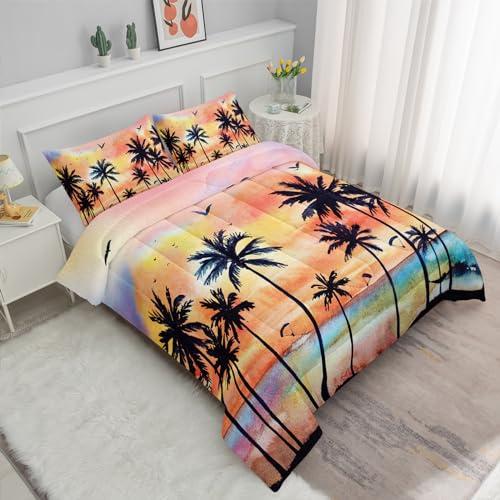 Axolotl Axolotl Beach Ocean Comforter Set Full,Coastal Beach Themed Bedding Set with Palm Trees Parachute for Girls Boys Kids Teens Adults Bedroom Decor,1 Hawaiian Comforter and 2 Pillowcases,Rainbow