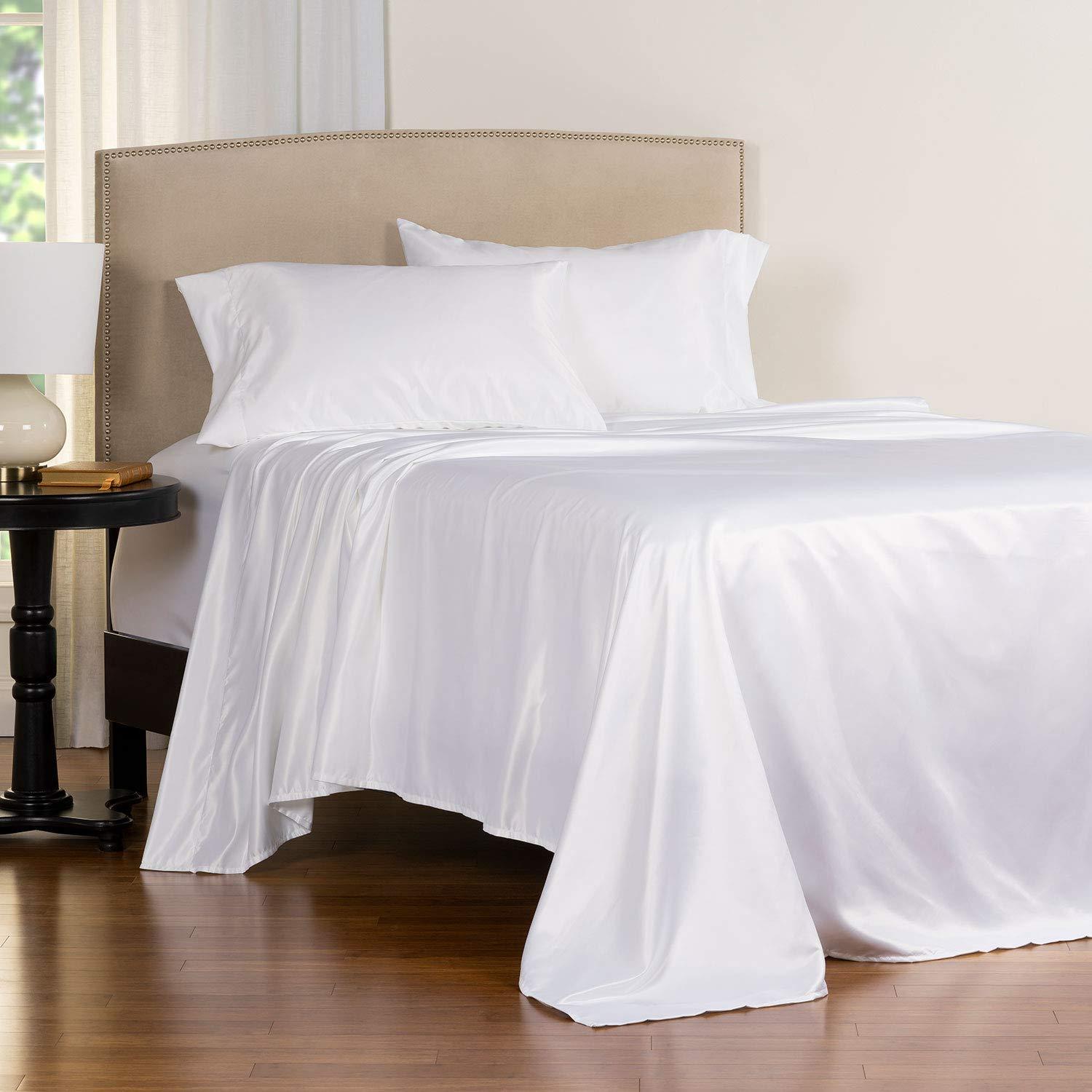 Cotton Home Depot Cotton Home Depot White Silk Satin Comforter Set King - All Season 500 GSM 7 Piece (Comforter + Flat Sheet + Fitted 19\'\' Deep + 4 Pillowcases) Comforter Sheet Set Wrinkle Fade Free Bedding Set