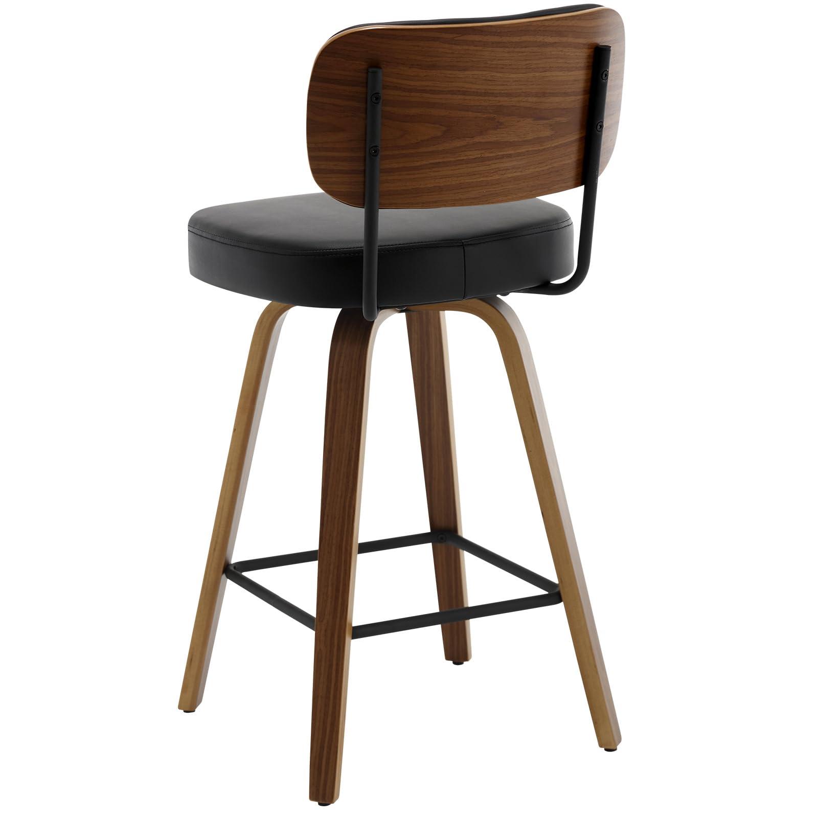 Bekrvio Bekrvio Swivel Counter Height Bar Stools Set of 3, 26\" Upholstered Faux Leather Barstools with Back and Bent Wood Legs, Mid Century Modern Bar Chair Island Stool for Kitchen Counter, Black