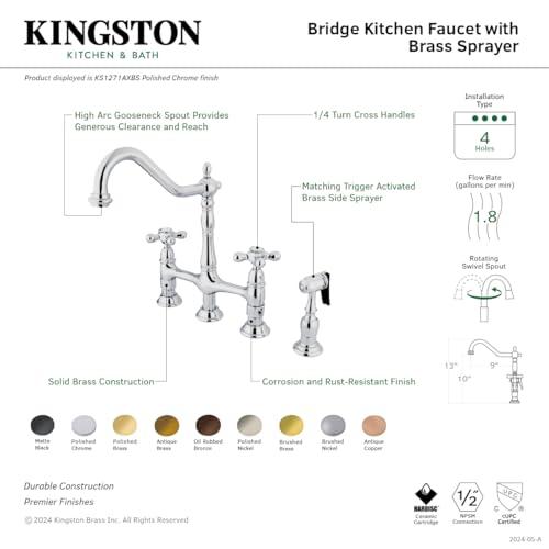 Kingston Brass Kingston Brass KS1271AXBS Heritage Kitchen Faucet with Brass Sprayer, 8-3/4-Inch, Polished Chrome