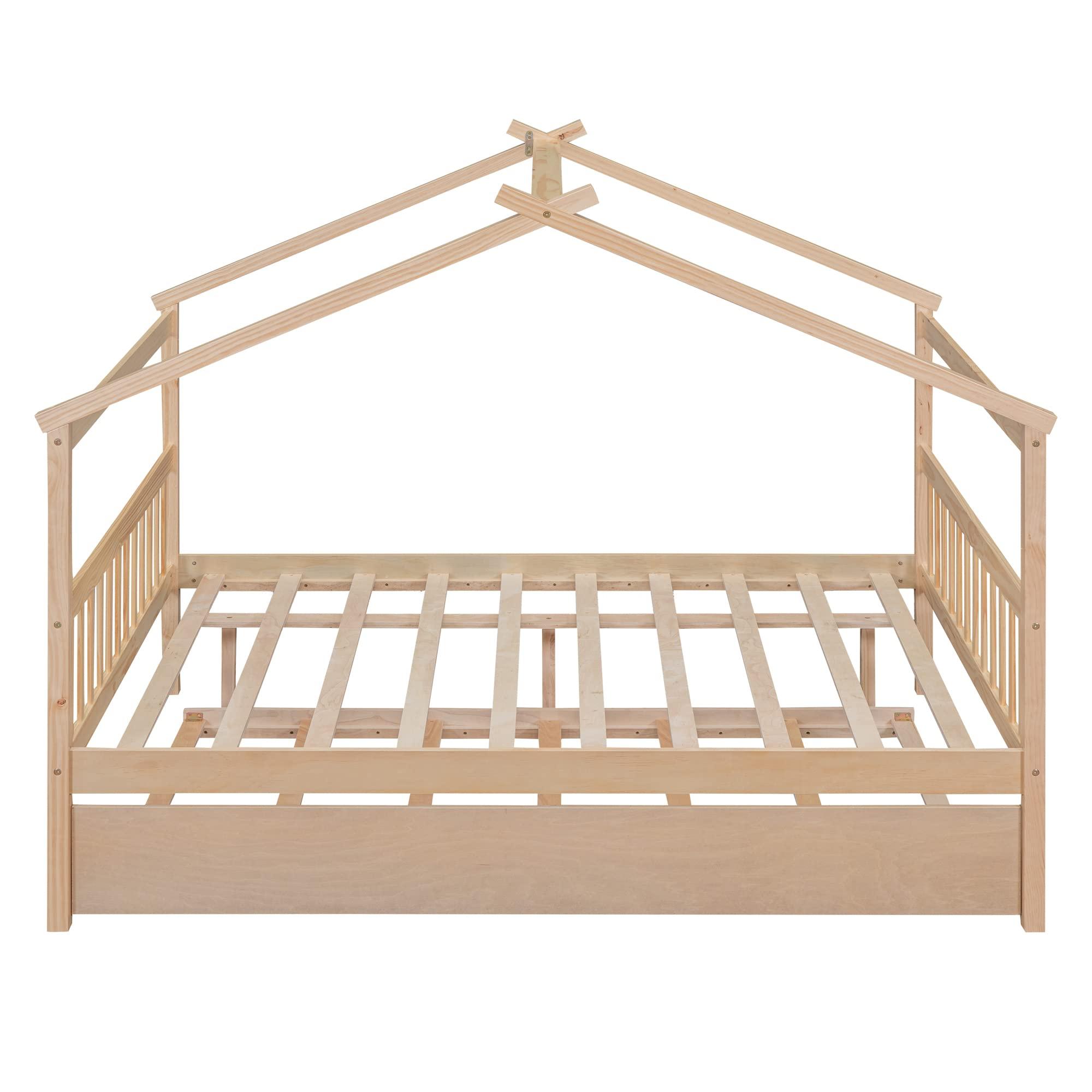 Tdewlye Full Size Wooden House Bed with Twin Size Trundle and Roof,Platform Bed with Headboard and Footboard,for Kids Teens Girls Boys Bedroom (Natural@z, Full)
