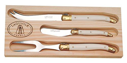 ReBL LLC Jean Dubost Laguiole 4pc Spreaders and 3pc Cheese Set with Ivory handles in Wooden Boxes Plus Kitchen Towels