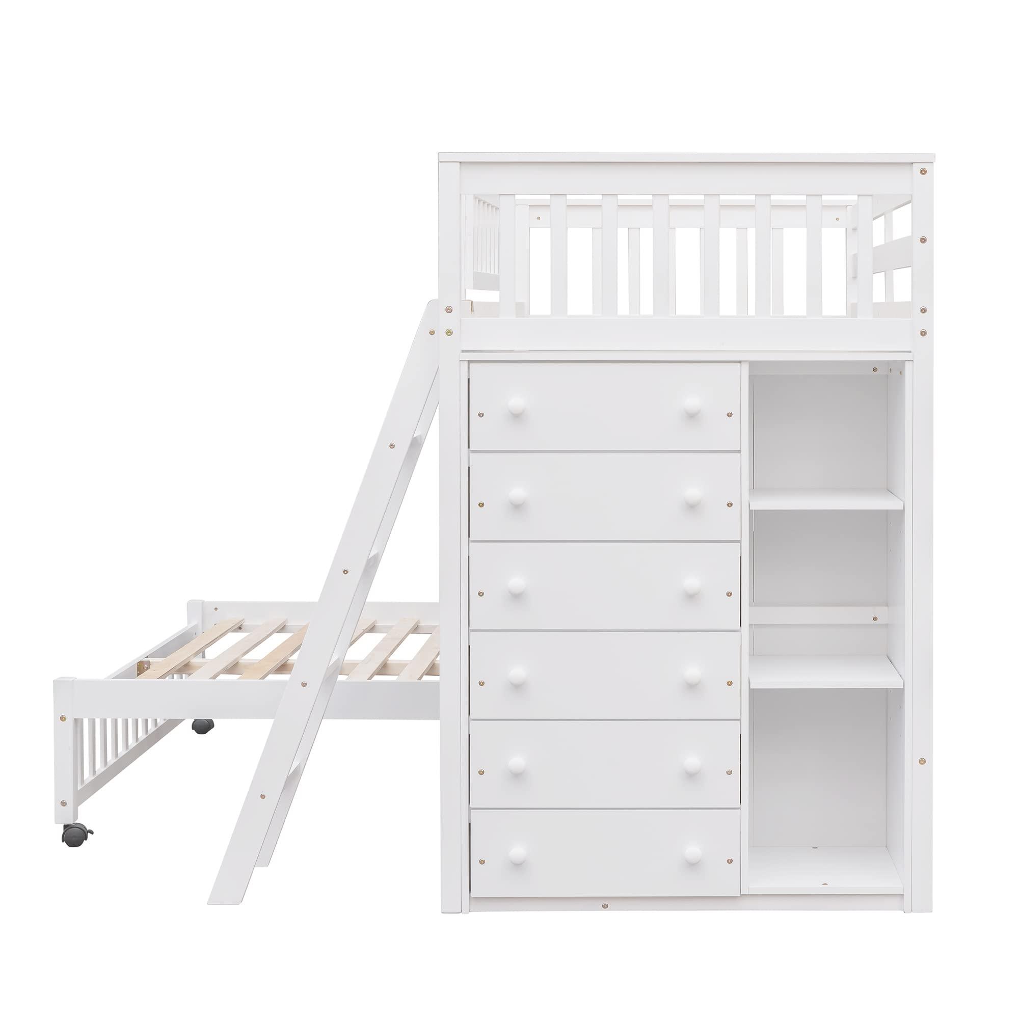 Brabrety Twin Over Full Wooden Bunk Bed with Six Drawers and Three Flexible Shelves, Bottom Platform Bed with Wheels can Movable.Suitable for children\'s and teenagers\' bedrooms or dormitories (White#V)