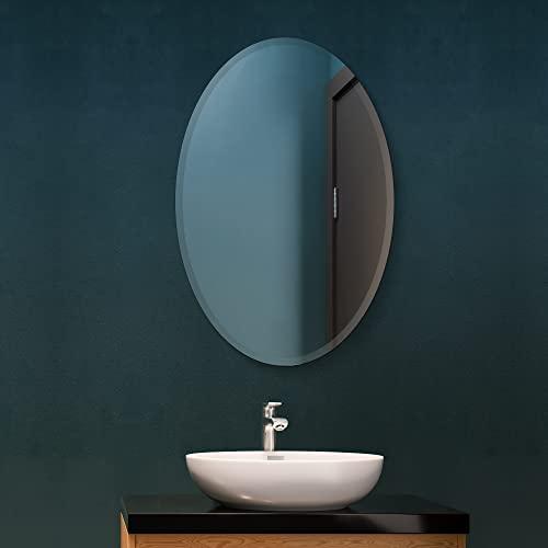 Fab Glass and Mirror Fab Glass and Mirror Oval Mirror 1" Beveled Edge - Frameless Wall Mounted Mirror with Hooks for Bathroom, Vanity Room, Bedroom, Living Room 22"x39"