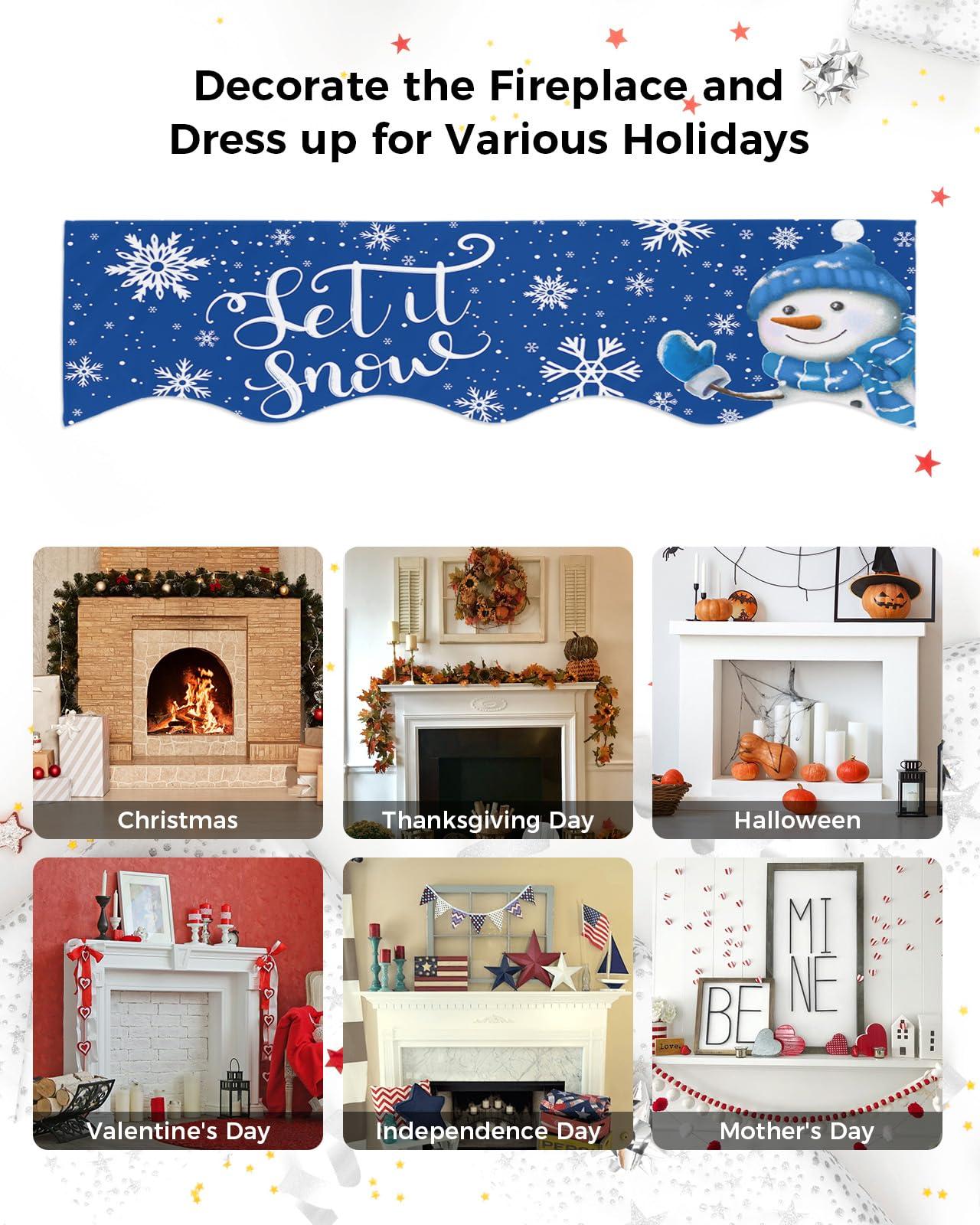 Falaniique Blue Christmas Fireplace Mantel Scarf Cover, Mantel Shelf Top Scarf Runner for Christmas Halloween Thanksgiving Fall Indoor Decorations Winter Snowflake Snowman 70\'\' L x 17\'\' W