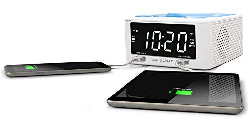 HANNLOMAX HANNLOMAX HX-300CD Top Loading CD Player, PLL FM Radio, Digital Clock, 1.2\" White LED Display, Dual Alarms, Dual USB Ports for 2.1A and 1A Charging, AC/DC Adaptor Included (White_Blue)
