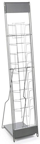 Displays2go Portable Literature Stand with 10 Pockets for 8.5x11 Magazines, Carrying Bag Included, 54\"h Floor-Standing Magazine Rack with Tiered Design, Steel (Silver)