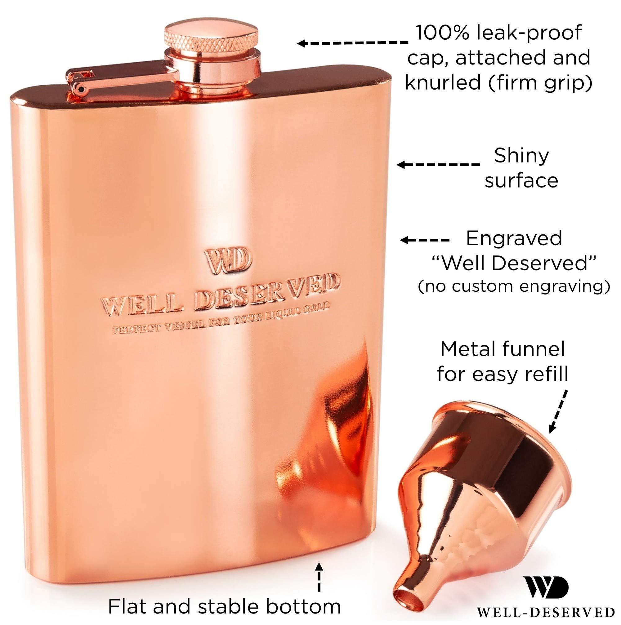 Simpler Life Copper Flask for Liquor for Men: 8oz Flask + Funnel + Pouch + Deluxe Gift Box Set. Copper Gifts for 7th Anniversary for Him. Men\'s Hip Flask. Engraved WellDeserved