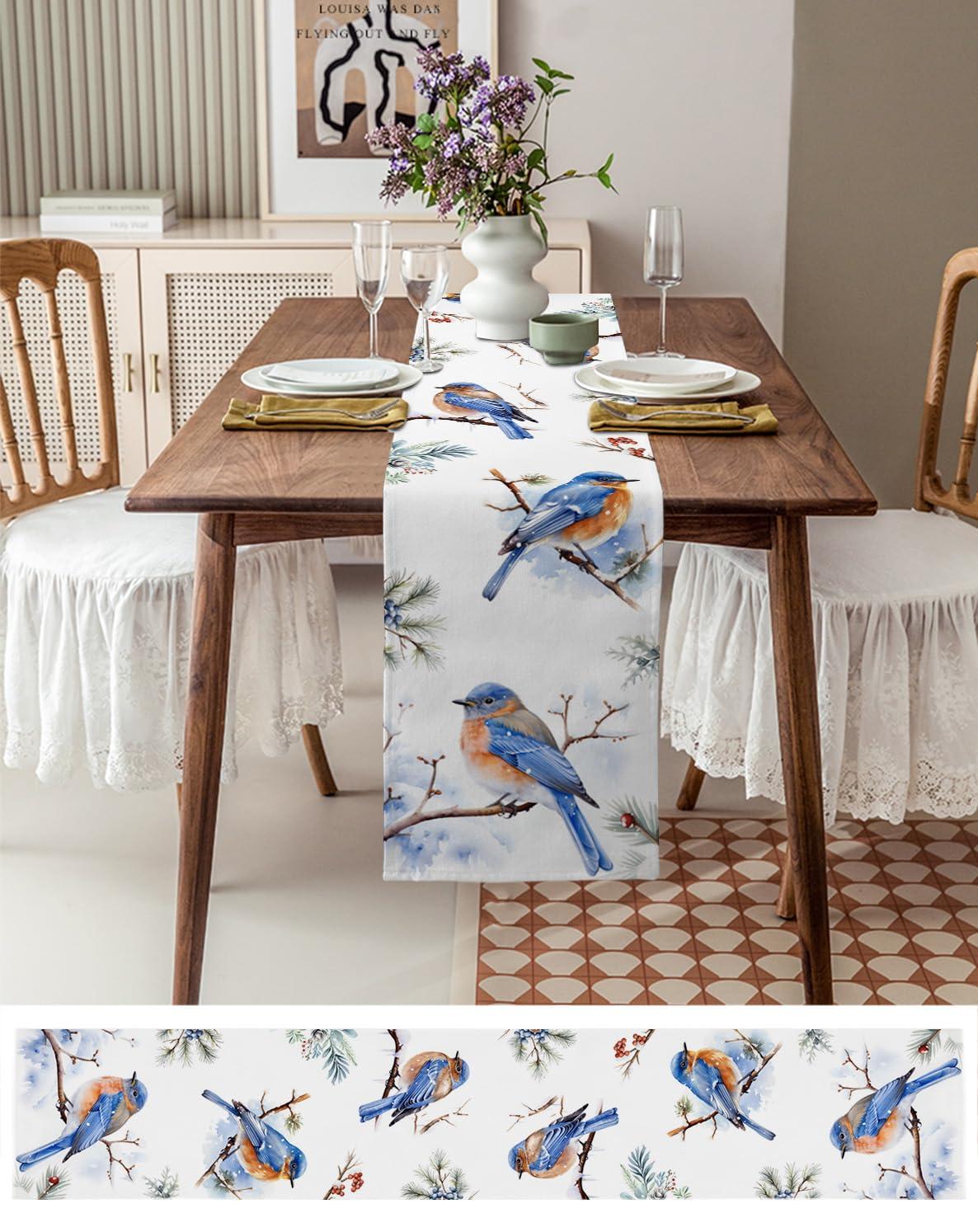 PIEPLE Blue Christmas Bird Table Runner-Cotton Linen-36 Inch Holiday Dresser Scarves, Winter Berry Snowy Pine Cones Tablerunner for Kitchen Coffee/Dining Bedroom Home Living Room Dinner Scarf Dcor 13x36