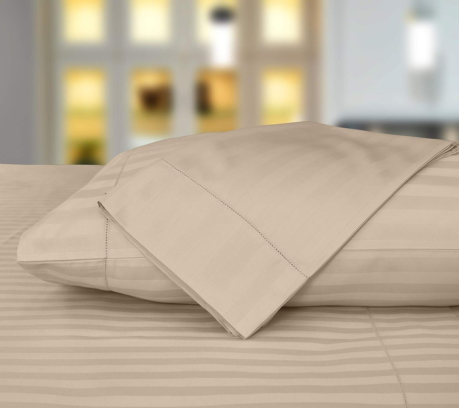 Ossam Linen Ossam Linen Genuine 1500-Thread-Count Heavy Rich Egyptian Cotton 4-PCs Sheet Set California King Size Fits 10-12 Inches Deep Pocket (Stripe, Beige)