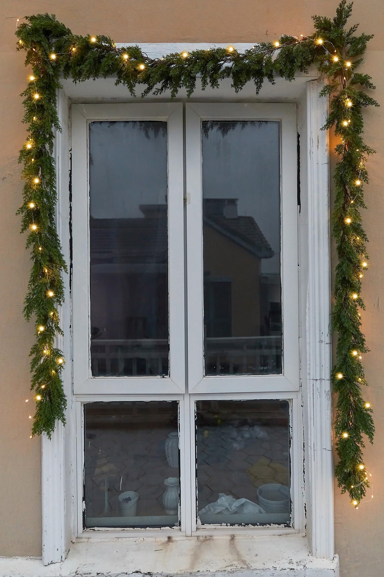 PARTY JOY 6FT PARTY JOY Seasonal Artificial Christmas Garland with Lights Pine Needle Cypress Garland for Holiday Winter Indoor Outdoor Decor