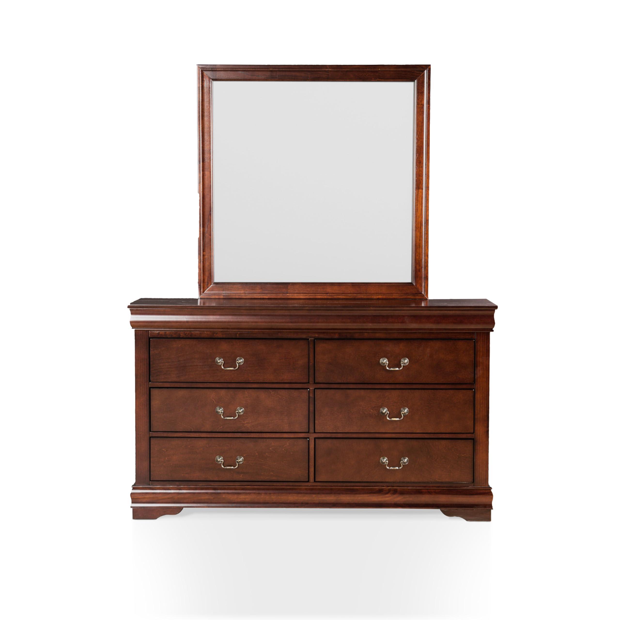 Furniture of America Furniture of America Louis Philippe Traditional Wooden 6 Drawer Dresser with Mirror, Vintage Bedroom Set, Accent Vanity Dressing Table with Antique Nickle Handles, Walk-in Closet, Standard, Cherry
