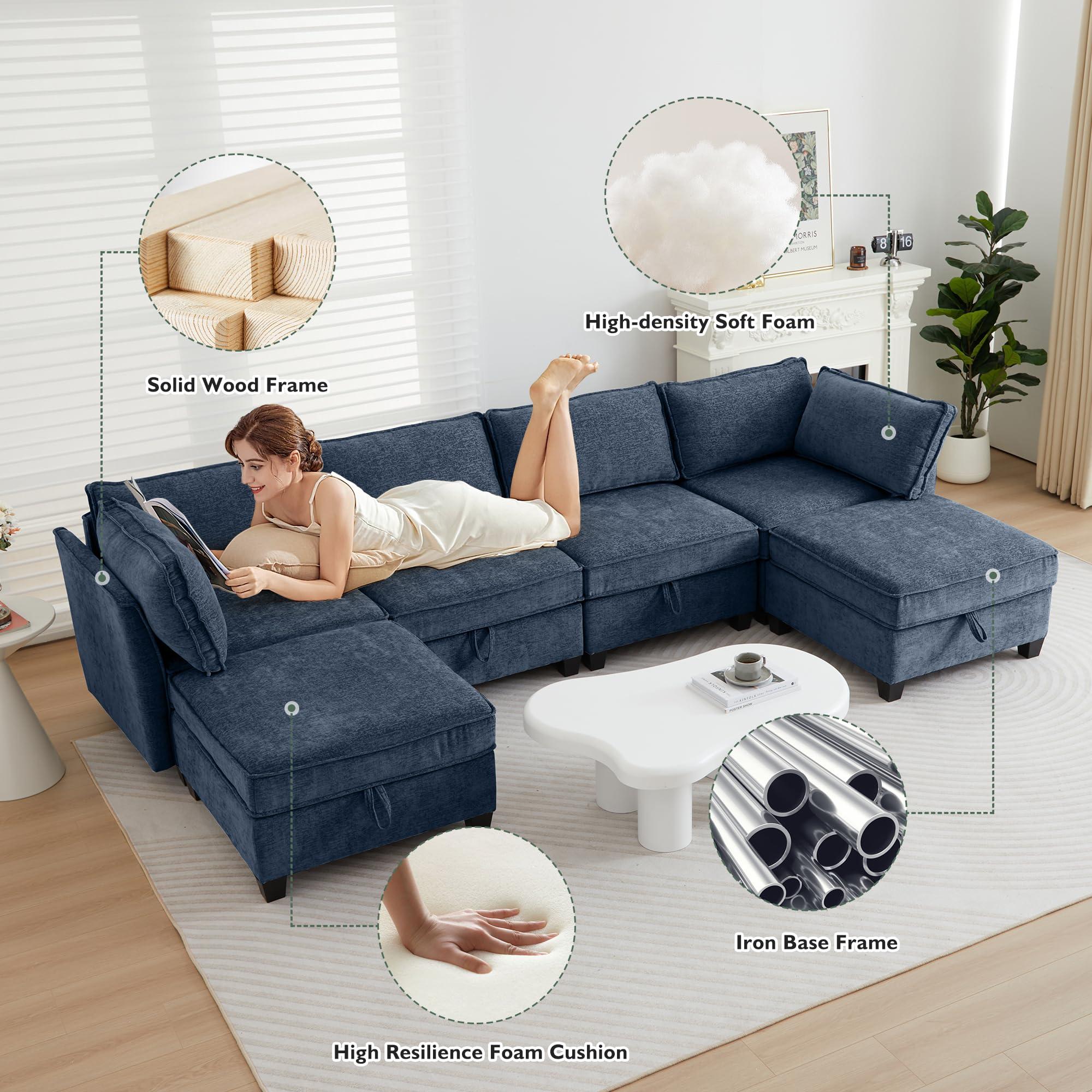 YMXLTD YMXLTD Sectional Couch with Storage, Modular Sectional Sleeper Sofa Cama Moderno Sets for Home Living Room, Lounge Sofa Couch Sectional Convertible for Bedroom, Office - Cloud Couch/Navy Blue Couch