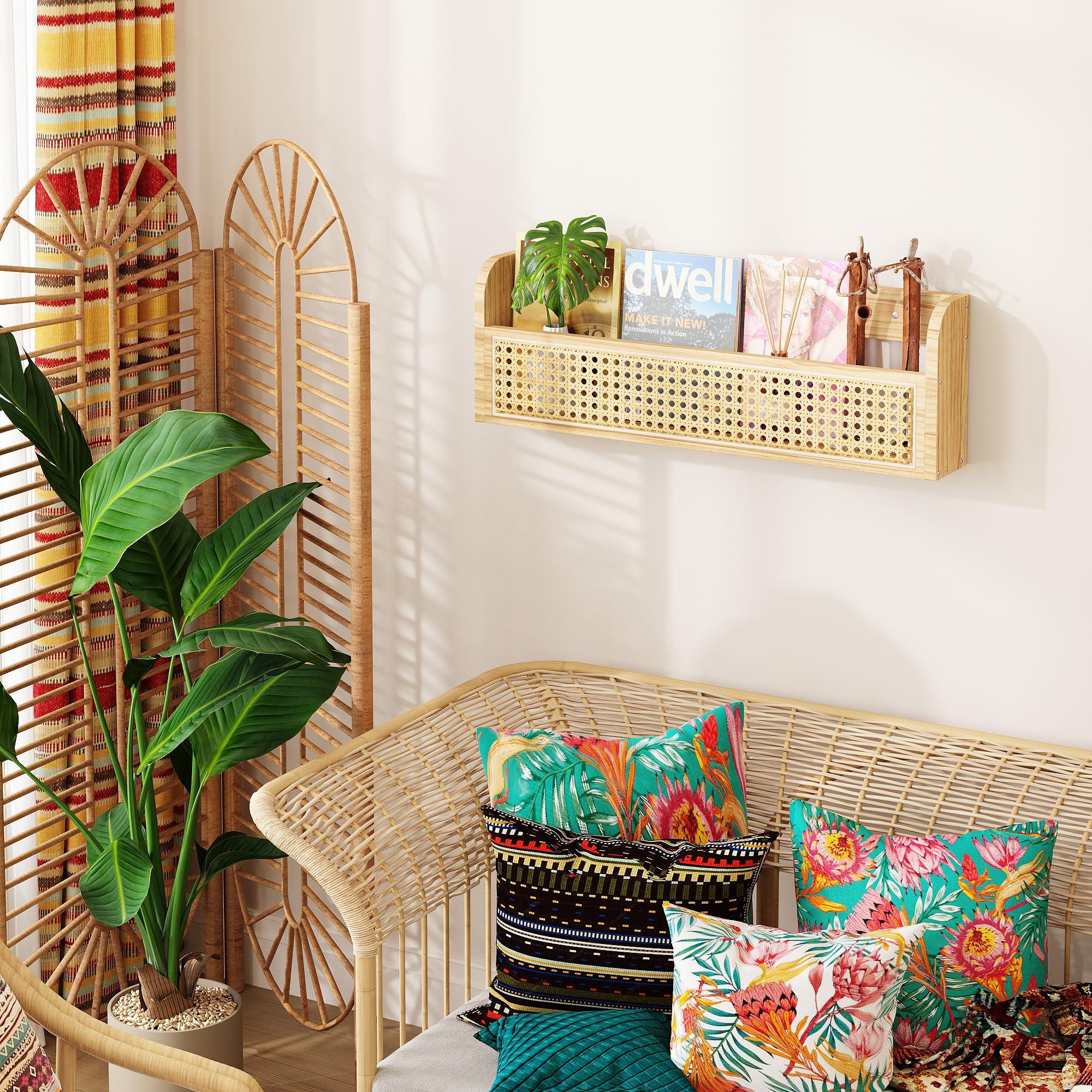 Ecowillon Ecowillon Wooden Rattan Wall Shelf - 24 Nursery Hanging Book Shelves for Wall, Picture Ledge Wicker Shelf, Boho Decorative Shelves for Netural Nursery Decor, Floating Rattan Shelf for Office,Bedroom