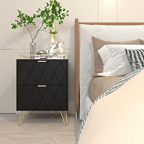 Anbuy Anbuy Black Nightstand Set of 2 with Gold Handle, Bedside Table with 2 Drawers, Night Stands Set of 2 Gold Legs for Bedroom Living Room