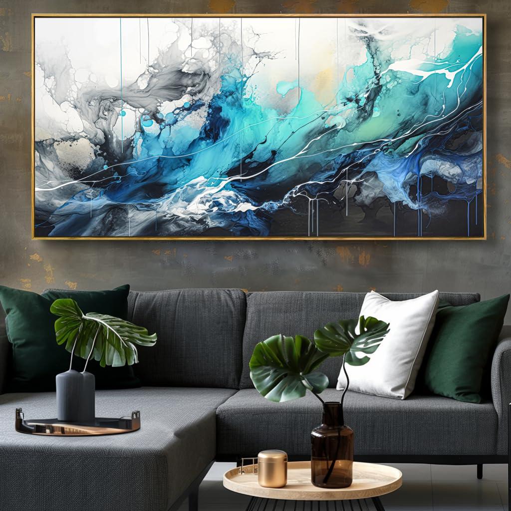liysawg Wall Art Abstract Canvas Painting Teal Blue Modern Artwork for Living Room Bedroom Dining Room Home Office Decor 30\"x60\" with Framed