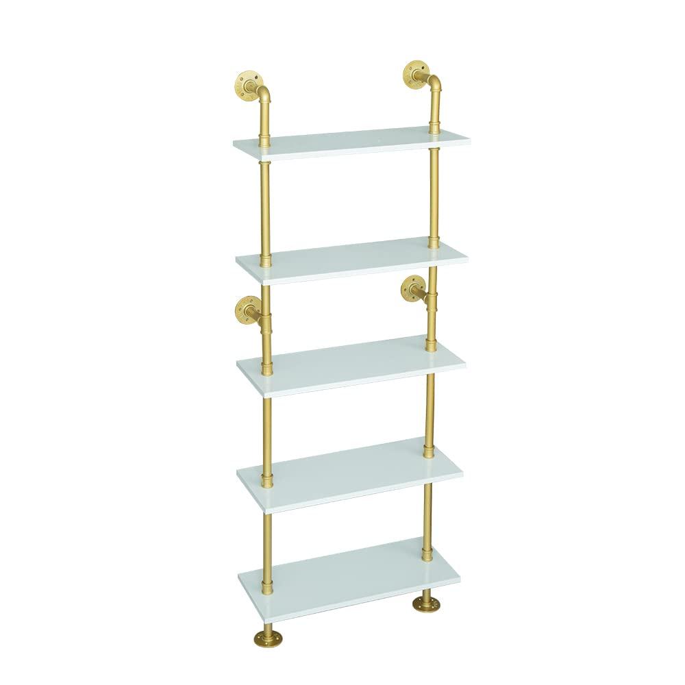 HEONITURE HEONITURE 5 Shelf Modern Gold Bookshelf, Wall Mount White Bookcase, Ladder Shelf with Metal Frame, Display Shelf Shelves for Living Room/Home/Office