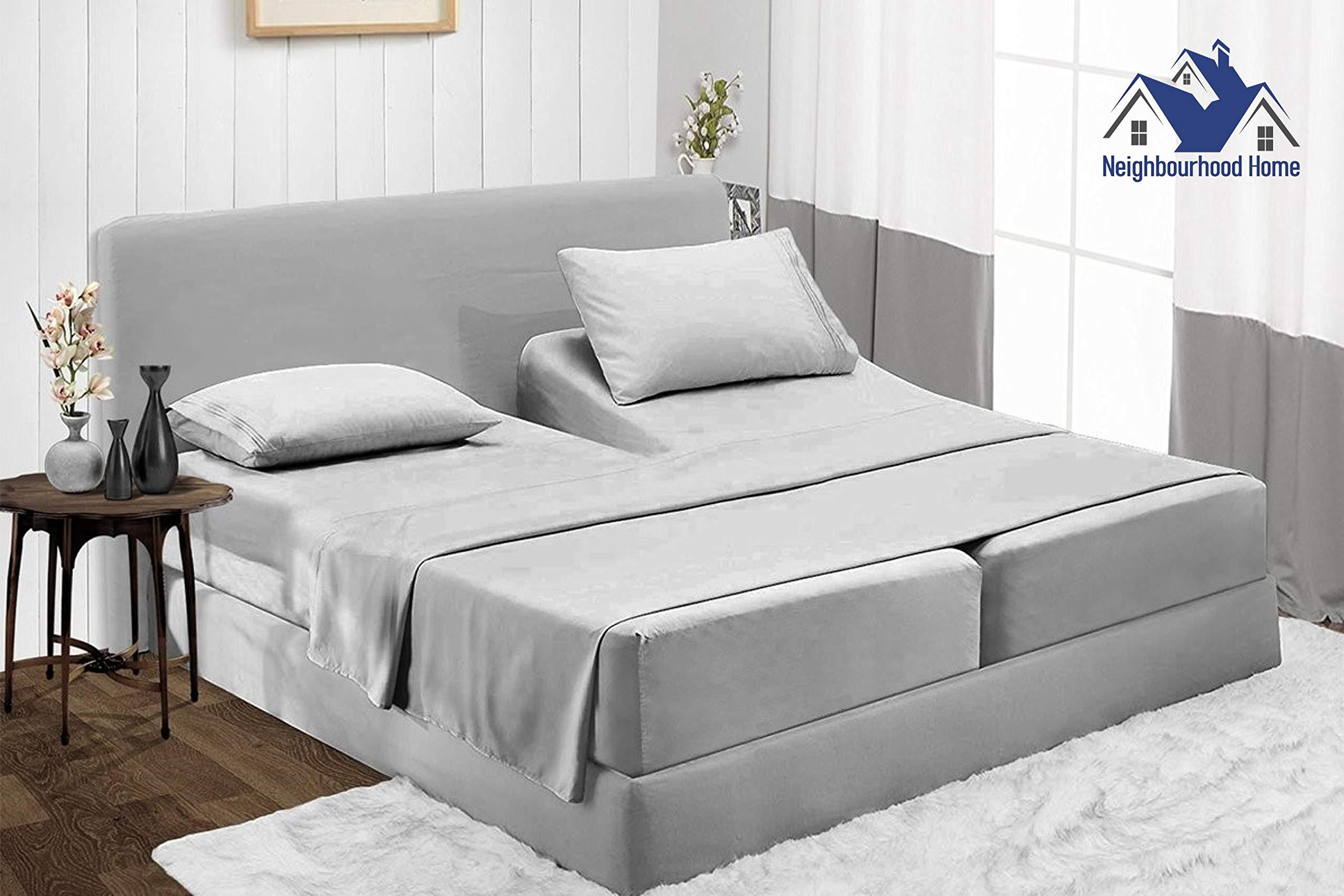Neighbourhood Home Split California King Egyptian Cotton Sheets Sets for Adjustable Bed 18-Inches Extra Deep Pocket- 1000-Thread-Count, 100% Egyptian Cotton 5-PC Sheet Set Soft Breathable Sateen Weave - Light Grey