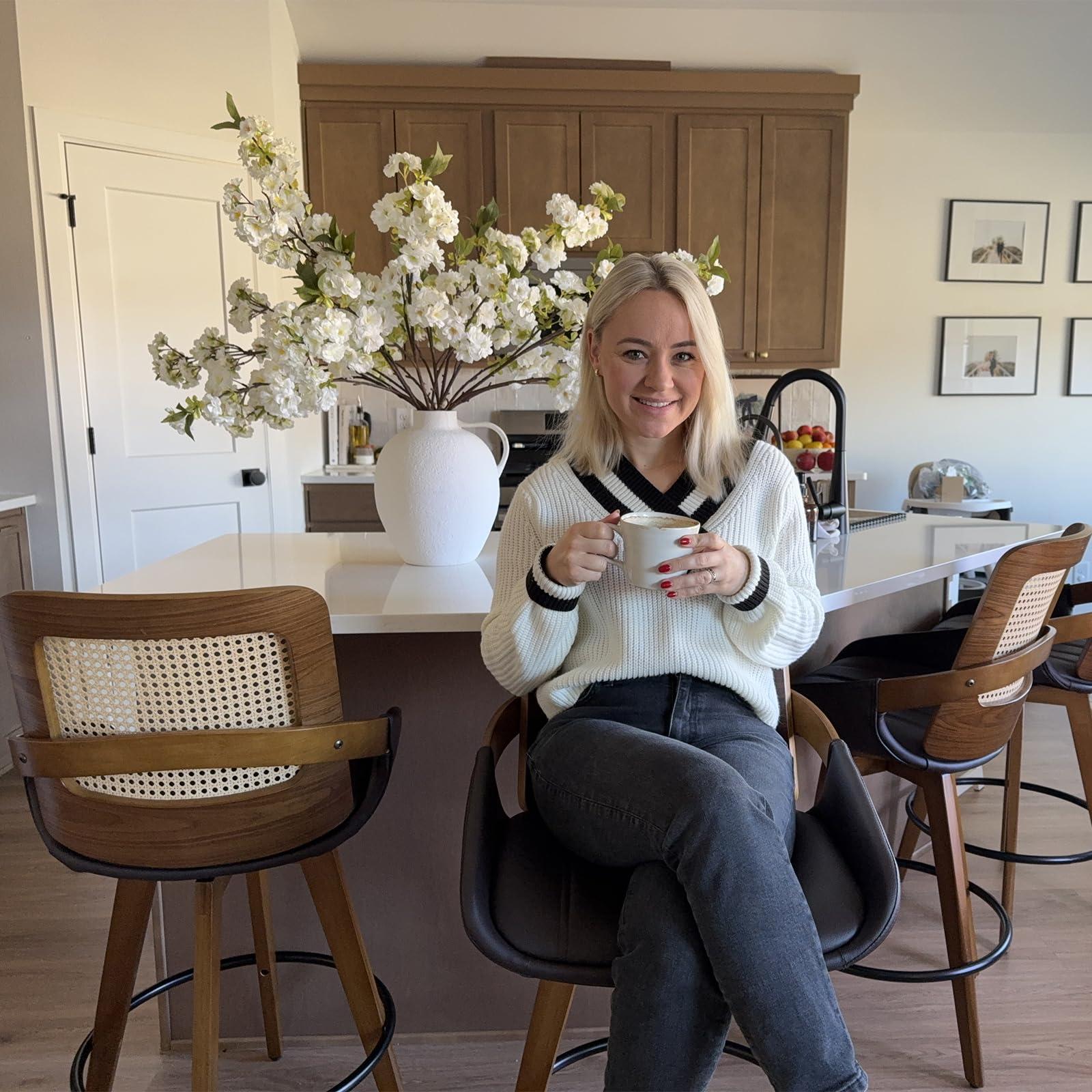 KUNZENT Set of 2 Swivel Rattan Counter Stools - 26.4 inch Mid Century Modern Bar Stools with Cane Back, Upholstered Seat, Curved Arms, Faux Leather Bar Stools for Kitchen/Island/Counter (Walnut Black)