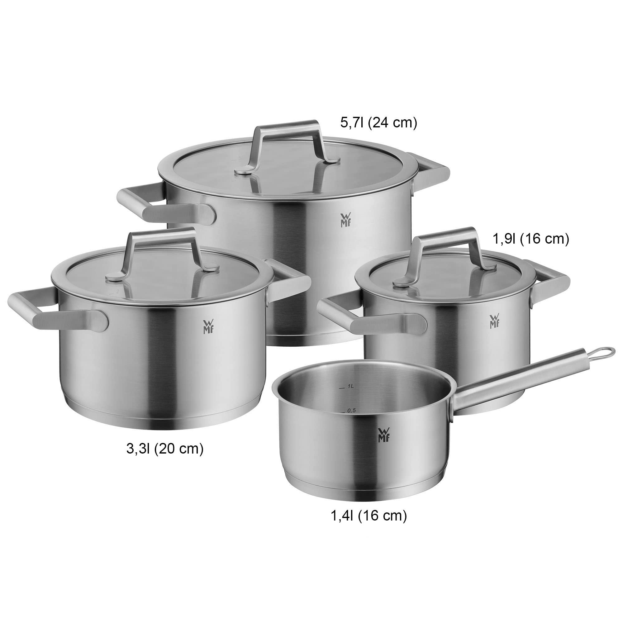 WMF WMF 732146040 Comfort Line Topfset Induktion 4-teilig Cromargan Matte Stainless Steel Pots Set with Glass Lid, Scale, Stackable, Uncoated, 18/10