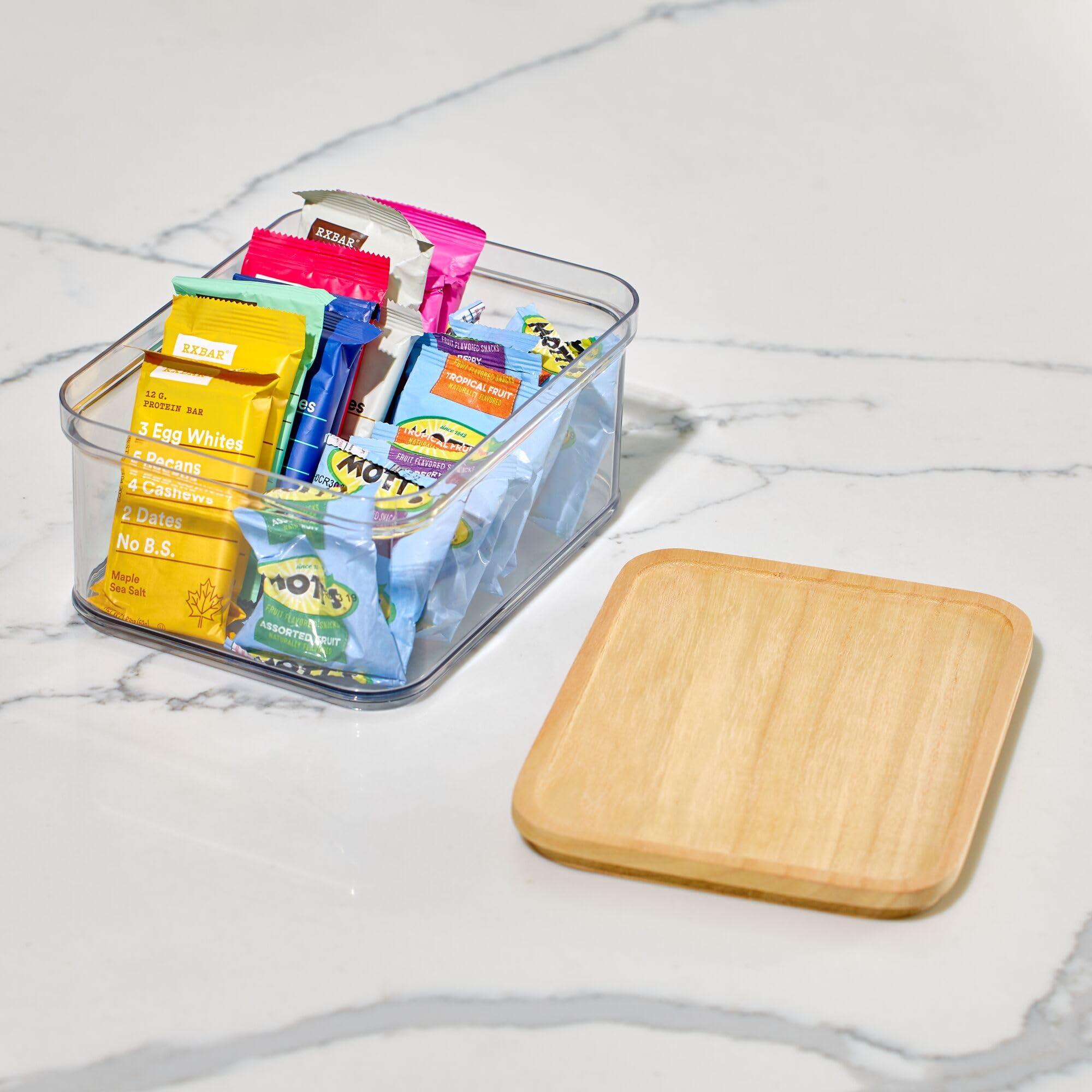 InterDesign iDesign Recycled Plastic Crisp Storage Bin with Lid, The Rosanna Pansino Collection 8.51 L x 8.51 W x 4.13 H, Clear Bin with Natural Wood Lid