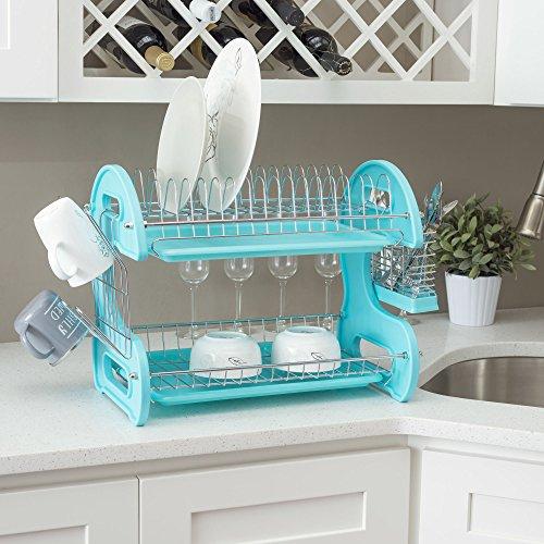 Home Basics Home Basics 2 Tier Dish Drainer (Turquoise) Dish Rack for Kitchen Counter, with Cutlery Holder and Cup Slots