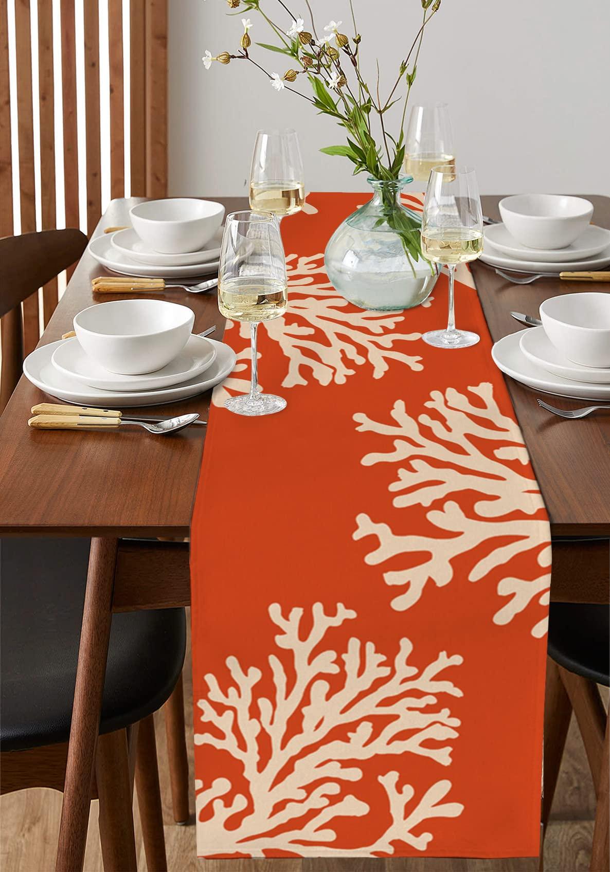 RisQiten RisQiten Orange Coral Table Runner - 60 Inch Long Coastal Summer Beach Nautical Seaside Cotton and Linen Blended Dress Scarves Farmhouse Table Runner for Kitchen Dining, Coffee Table, 13\" x 60\"