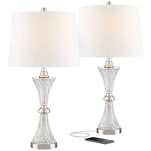 Regency Hill Regency Hill Luca Modern Table Lamps 25.5\" High Set of 2 with USB Charging Port Glass Chrome Silver Metal White Fabric Drum Shade for Living Room Bedroom House Bedside Nightstand Home