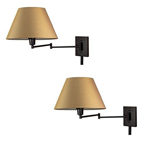 Kira Home Kira Home Cambridge 13\" Swing Arm Wall Lamp - Plug in/Wall Mount + Golden Bronze Fabric Shade, 150W 3-Way, Black Finish, 2-Pack