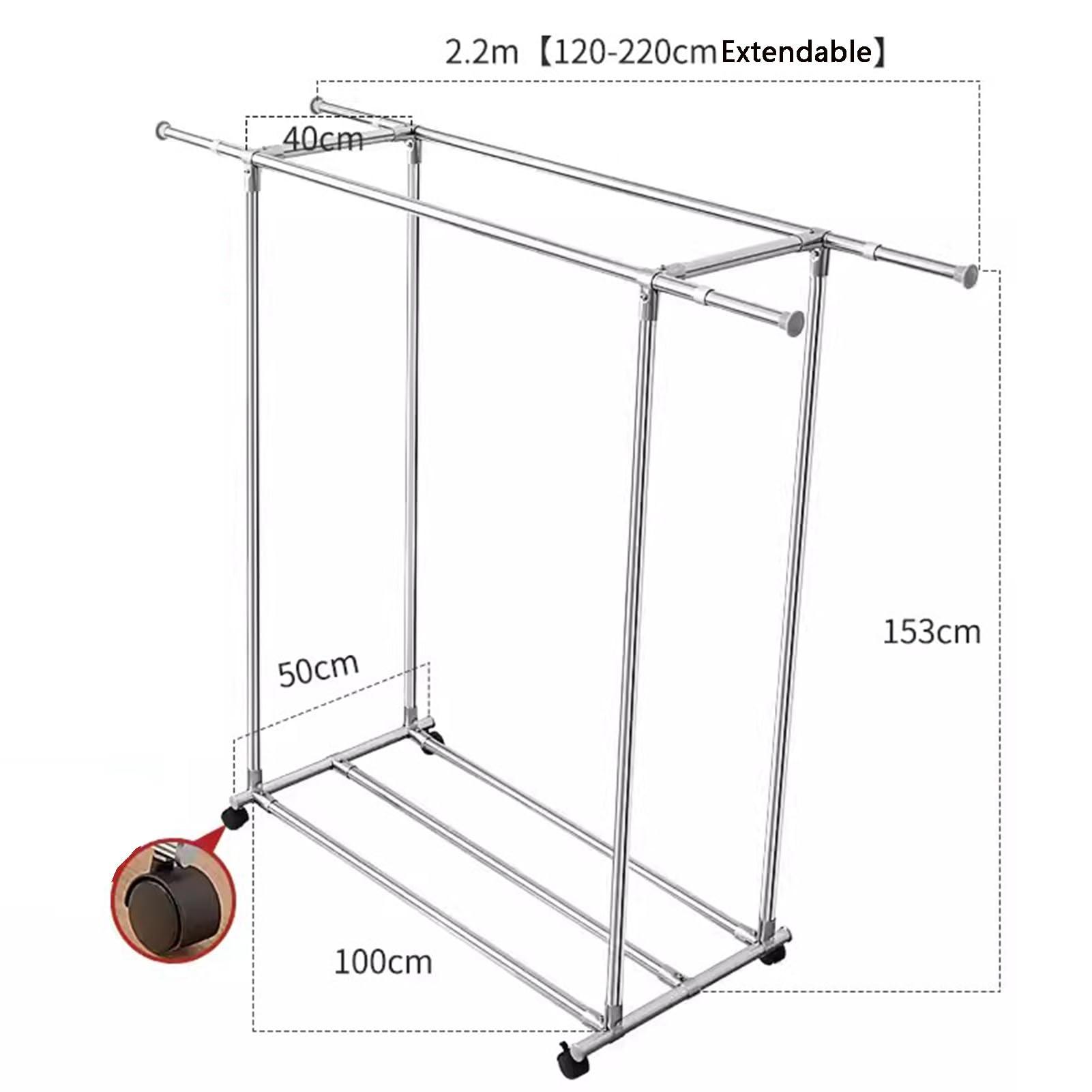 JOMRTS Heavy duty Garment rack Double Rod Clothing Rack On Wheels, Extendable Hanging Rod, Heavy Duty Clothes Rail With Shelves, Portable Closet Organizer For Bedroom, Stainless Steel Clothes Drying Rack