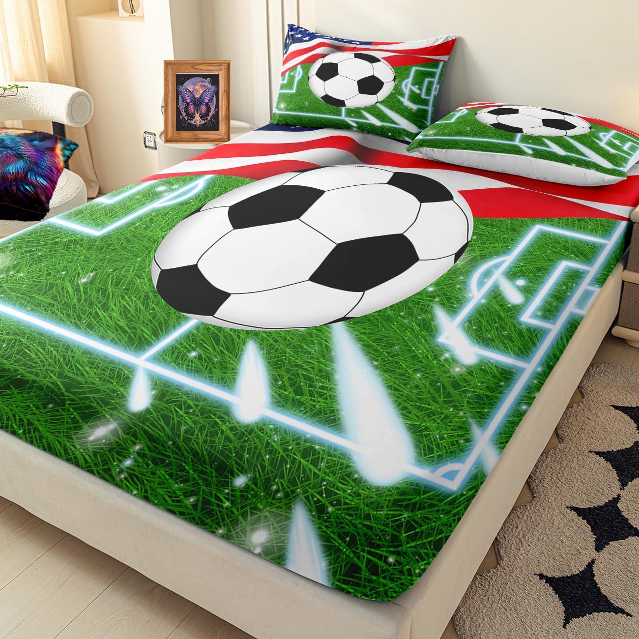 WJLBKGU WJLBKGU Soccer Sheets 4PCS Queen Size Bed Sheets, Sports Bedding Sets for Boys Kids Football Bedding Soccer Sheets, Kids Sheets Queen Bed Sheets Set, 1 Flat Sheet + 1 Fitted Sheet + 1 Pillowcases
