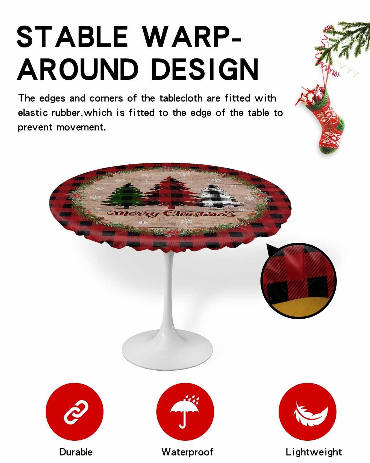 Home L6 Christmas Tree Round Fitted Tablecloth with Elastic Buffalo Plaid Pine Tree Tablecloths Holly Wood Grain Table Cover for Kitchen Dinner Xmas Holiday Party Picnic Fits Tables up to 55\"- 60\" Diameter