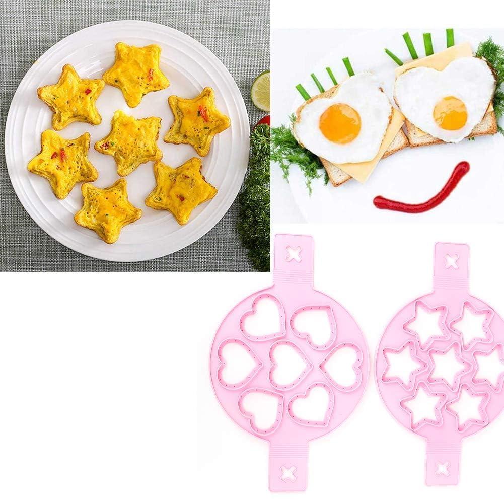 Beufee Pancake Mold, 2 PCS Silicone Eggs Pancake Making Mold, Pancake Molds Ring Fried Egg Mold Pink Non Stick Egg Ring Egg Cooker Pan Flip Mold Love and Heart Shapediy Kitchen Accessories