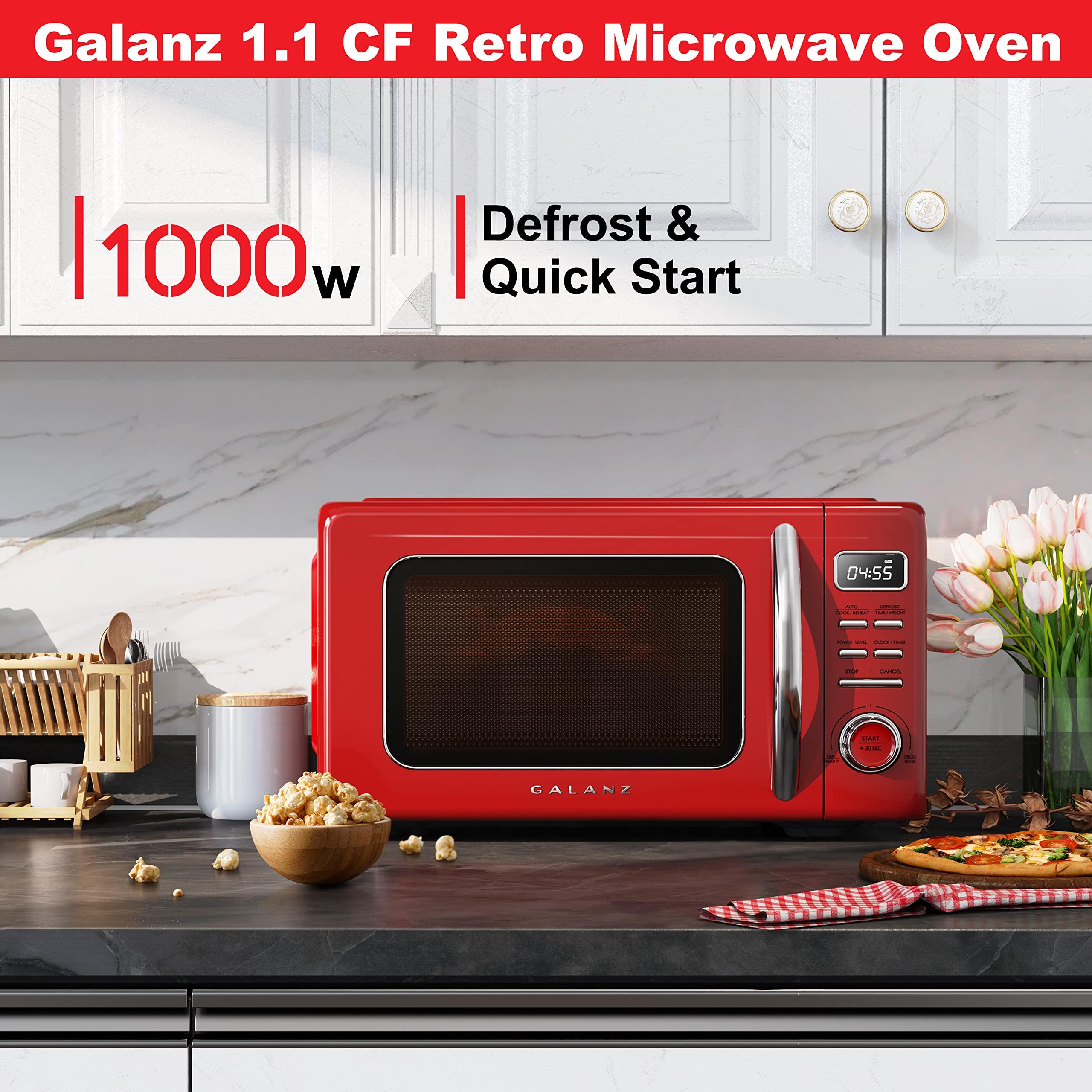 Galanz Galanz GLCMKZ11RDR10 Retro Countertop Microwave Oven with Auto Cook & Reheat, Defrost, Quick Start Functions, Easy Clean with Glass Turntable, Pull Handle, 1.1 cu ft, Red