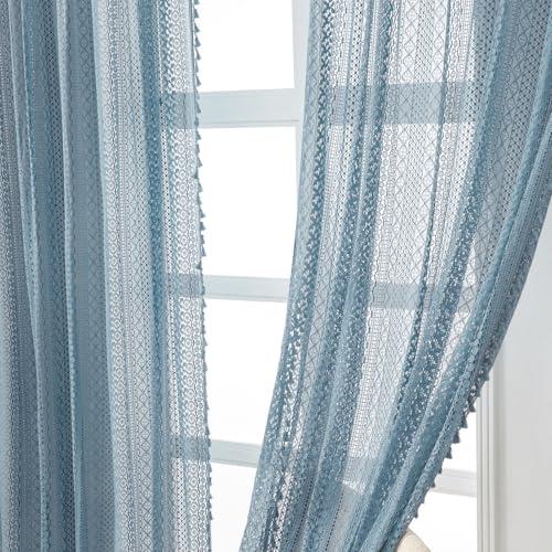 WAZZIO WAZZIO Light Blue Sheer Curtains 84 Inches Long 2 Panels Sheer Lace Pale Blue Curtains for Bedroom Living Room Rod Pocket Tassel Cotton Boho Crochet Curtains Light Filtering Privacy Drapes,Stone Blue