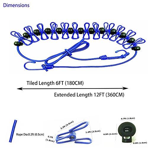 Starly Life Adjustable Elastic Clothesline with Clips and Positioning Balls Portable Retractable Windproof Laundry Hanging Rope Anti-Skid Washing Line with Drawstring Bag (Dark Blue)