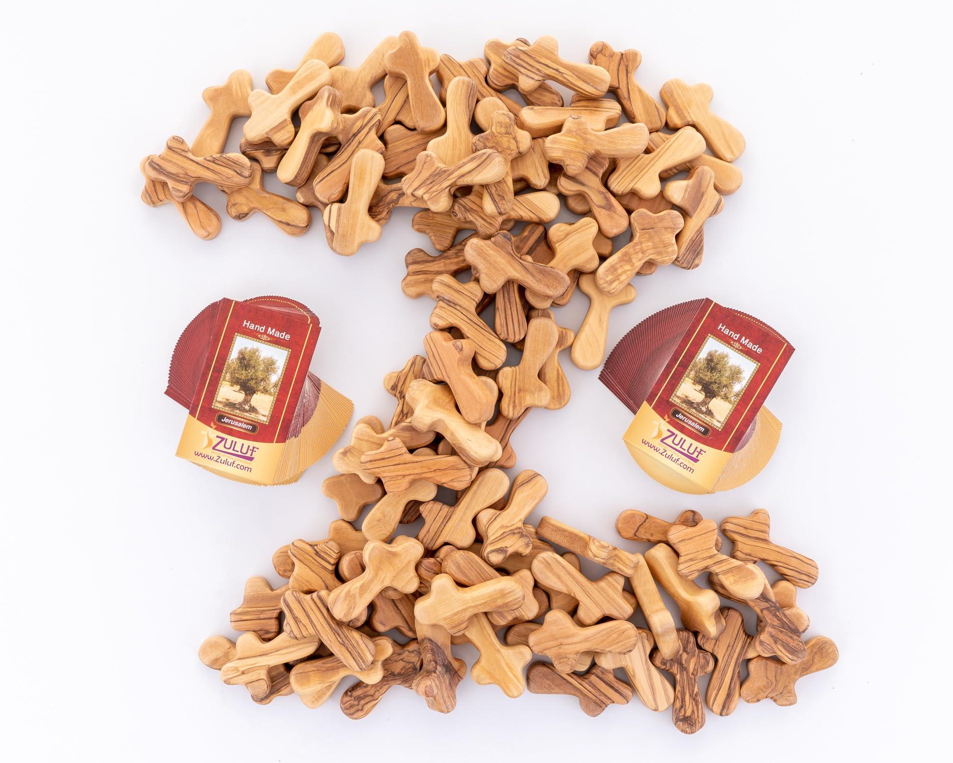 Zuluf Zuluf 100 Small Olive Wood Comfort Crosses from Bethlehem Israel | Pocket Holding Crosses | Comes With 100 Holy Land Certificates 6cm / 2.5 Inch Each Cross - CRS301
