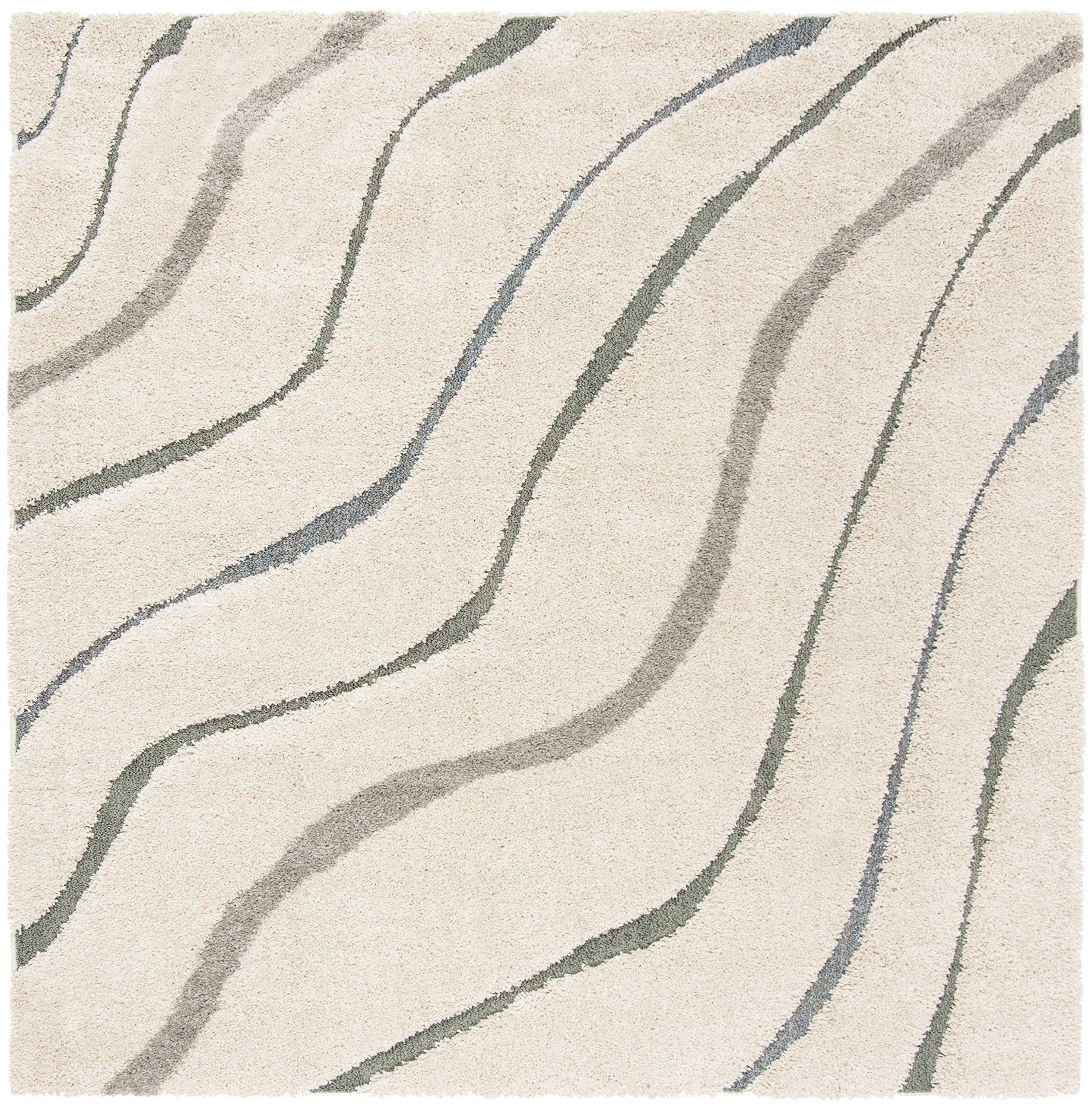 Safavieh SAFAVIEH Florida Shag Collection 6'7" Square Cream / Light Blue SG472 Abstract Wave Non-Shedding Living Room Bedroom Dining Room Entryway Plush 1.2-inch Thick Area Rug