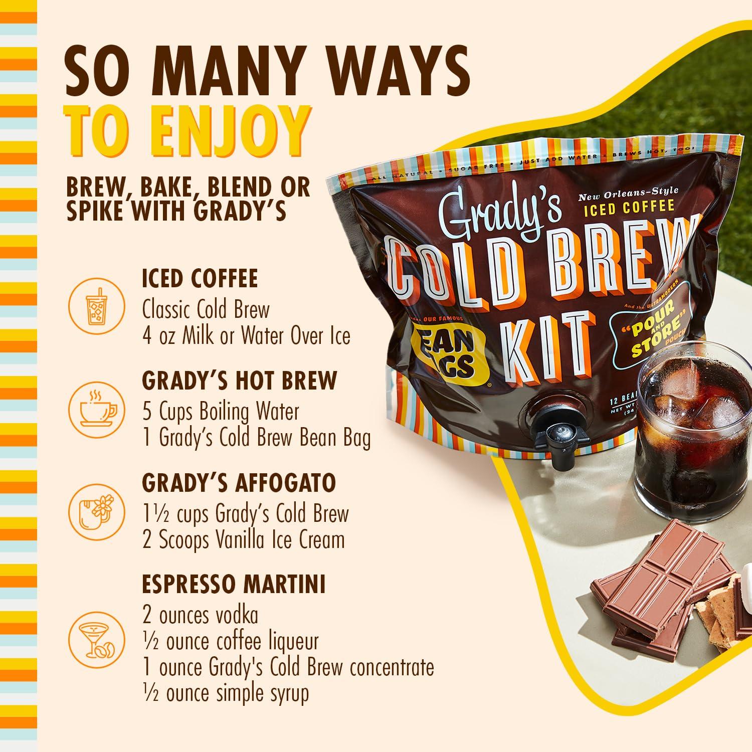 Grady's Cold Brew GRADYS COLD BREW Coffee Pouches | New Orleans Style - DECAF | 100% Arabica Ground Coffee & Chicory | All-in-One Cold Brew Kit with 12 Easy-to-Brew Beans Bags | Makes 36 drinks