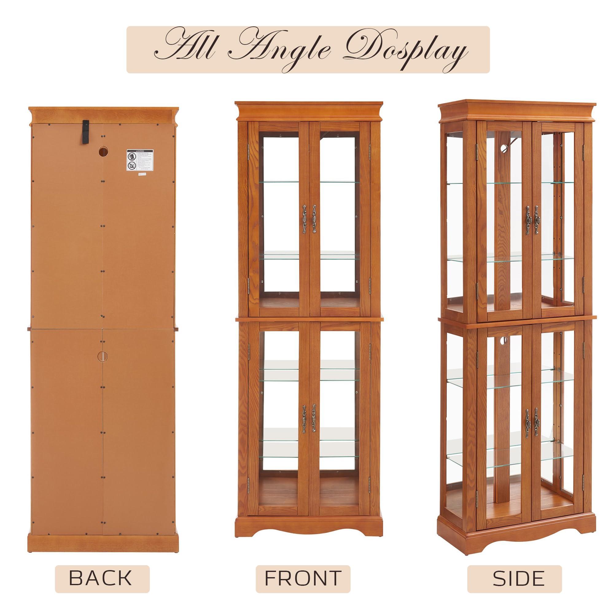 CKEASEAN CKEASEAN Curio Cabinet 71" Lighted Glass Display Cabinet, Wooden China Cabinet with 6 Adjustable Shelves, Tempered Glass Doors, Light Bulb Included, Rack for Living Room (Dark Oak)