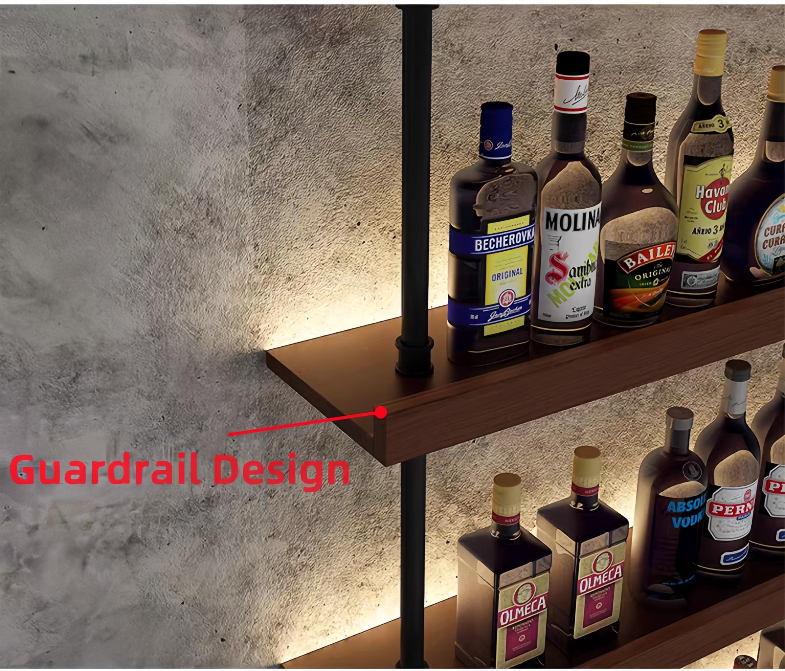 HFTUW HFTUW Industrial Wall Mounted Wine Rack, 5-Tier Rustic Metal Floating Shelves, Large Capacity Wall Bar Shelves for Liquor Bottles for Home Bar & Dining Room, Walnut(Without Lights, 120cm/47in)