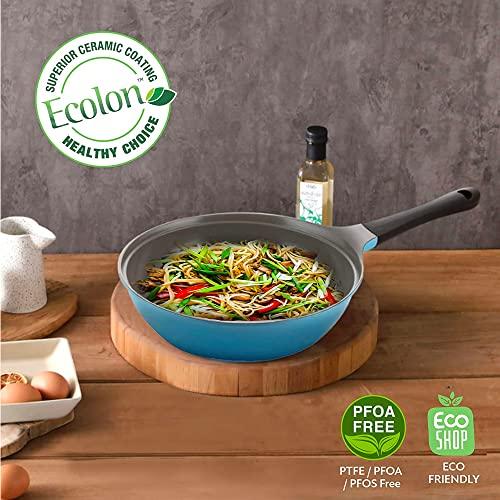 Neoflam Neoflam Eela 12'' Non Stick Chef's Wok with Glass Lid, Stir Fry Pan and POFA-Free Ceramic Coating for Cooking Saute Vegetables, Meat, Fish, 12 inch, Deep Blue (Handle assemble required)