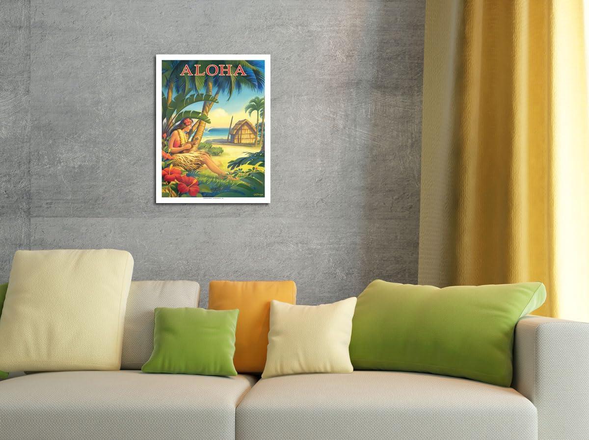 Pacifica Island Art Aloha - Hawaii - Hula Dancer with Ukulele - Vintage Hawaiian Travel Poster by Kerne Erickson - Fine Art Rolled Canvas Print 20in x 26in