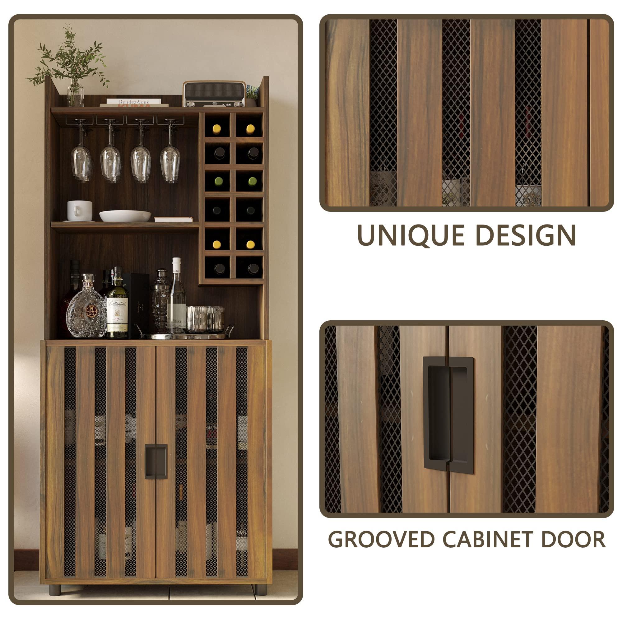 Orweiin Orweiin Wine Bar Cabinet for Liquor and Glasses with 12 Wine Bottle Racks, Kitchen Hutch Storage Cabinet for Living, Dinning Room, HallwayDoors That Combine Wire Mesh with MDF