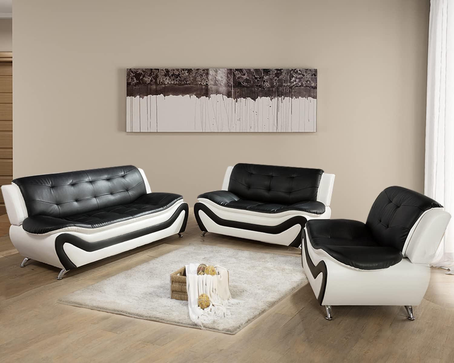 AYCP AYCP Contemporary Living Room Furniture Set, Vegan Leather Sofa Set for Living Room/House/Bedroom/Office/Apartment (White/Black, 3 PCS), F45&F46