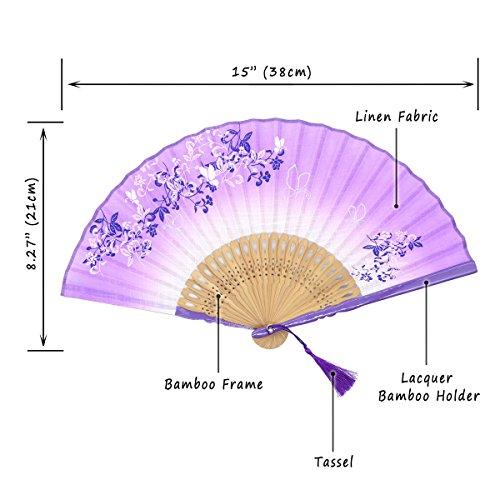 OMyTea OMyTea® 8.27"(21cm) Women Hand Held Silk Folding Fans with Bamboo Frame - with a Fabric Sleeve for Protection for Gifts - Chinese/Japanese Style Butterflies & Morning Glory Flowers Pattern (Purple)